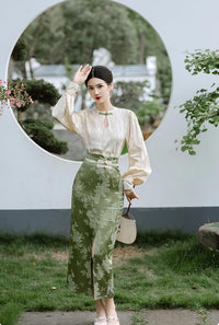 New Chinese Style Improved Long Sleeve Blouse Half-body Skirt Two Piece Set