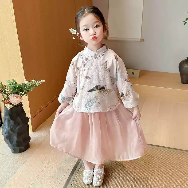 Girls' Cartoon Bird Print New Chinese Style Pink Set