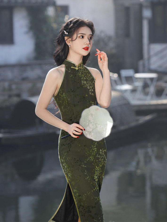 Elegant Green Floral Halter Dress - Chinese Style Evening Gown