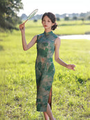 Artistic Green Cheongsam Dress with Watercolor Floral Print