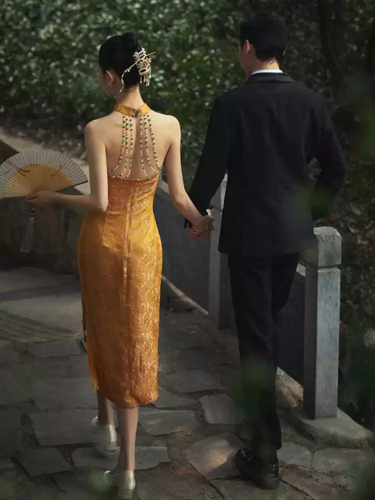 Sleeveless Yellow Qipao Gown Dress  for Women