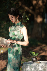 Artistic Green Cheongsam Dress with Watercolor Floral Print