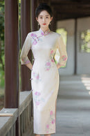 Pink floral three-quarter sleeve qipao dress