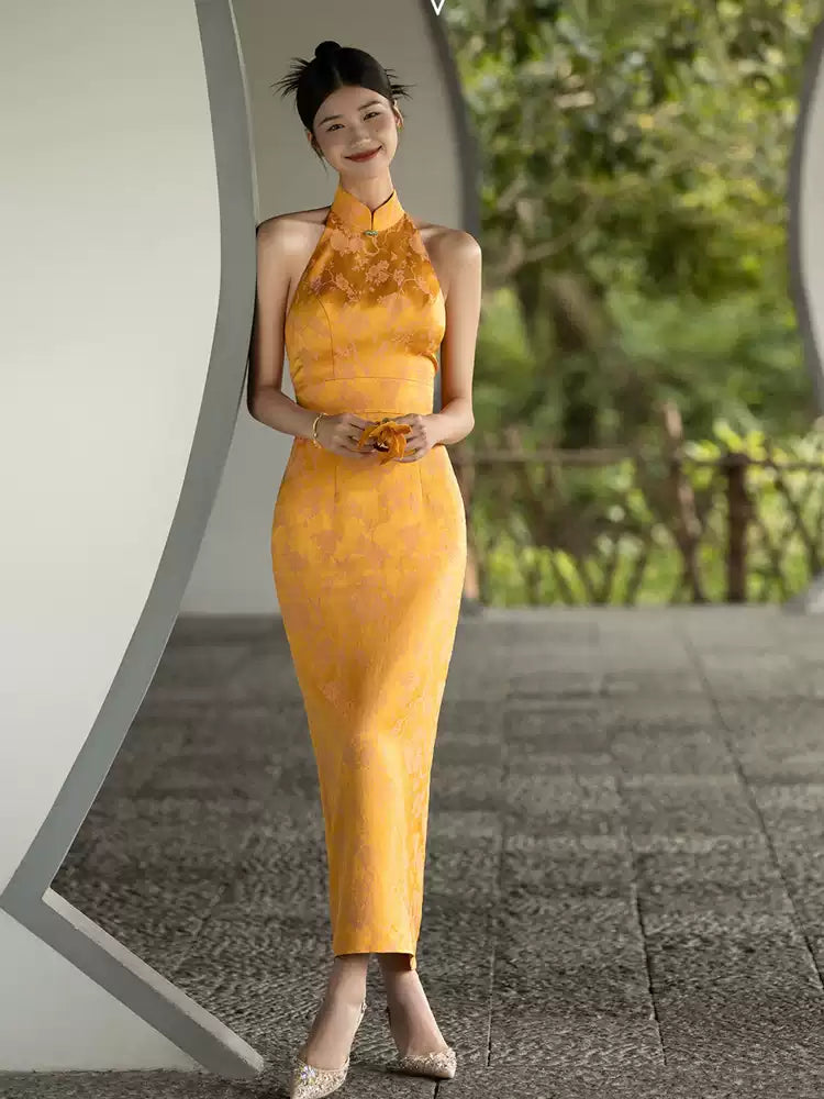 Sleeveless Yellow Qipao Gown Dress for Women