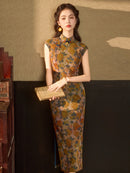 Caramel Brown Orange Floral Jacquard Sleeveless Qipao Maxi Dress