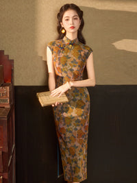 Caramel Brown Orange Floral Jacquard Sleeveless Qipao Maxi Dress
