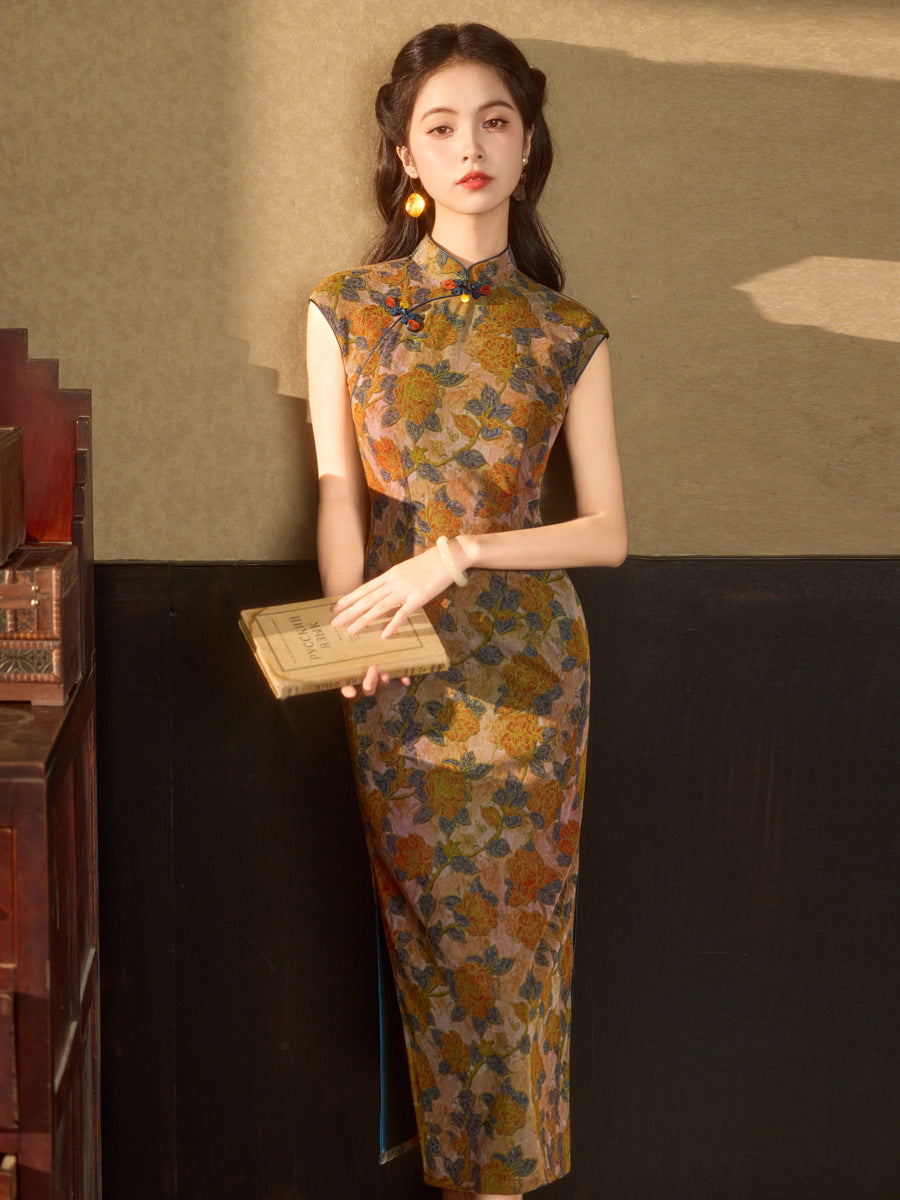 Caramel Brown Orange Floral Jacquard Sleeveless Qipao Maxi Dress