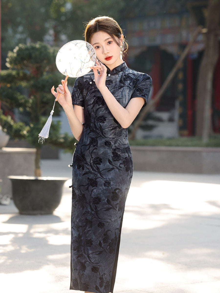 天鹅绒黑色碎花旗袍连衣裙优雅晚装风格