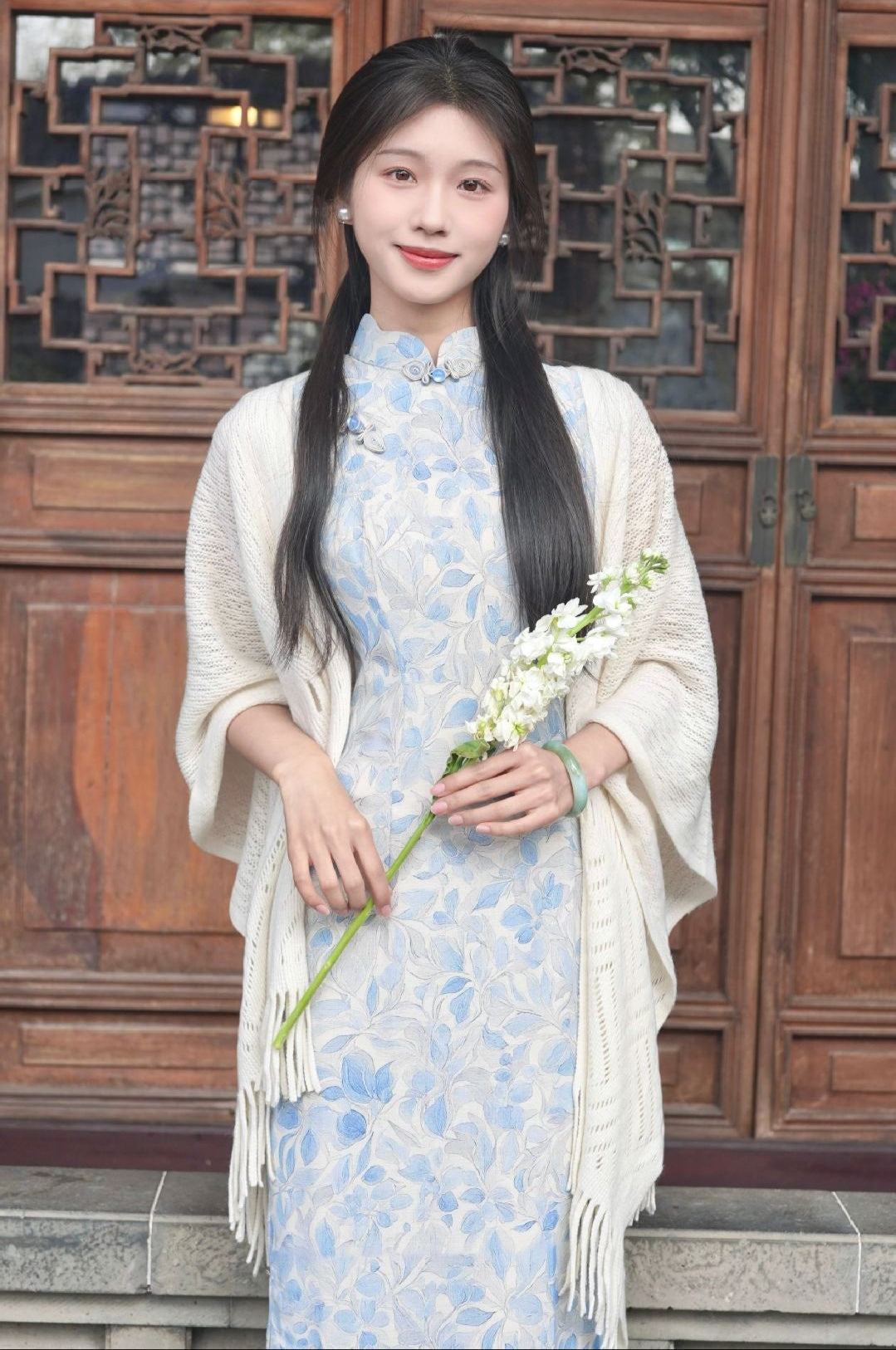 优雅奶油色流苏汉服披肩柔软针织披肩，适合传统服装分层搭配