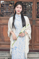 优雅奶油色流苏汉服披肩柔软针织披肩，适合传统服装分层搭配