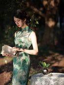 Artistic Green Cheongsam Dress with Watercolor Floral Print