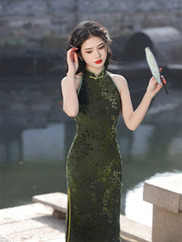 Elegant Green Floral Halter Dress - Chinese Style Evening Gown