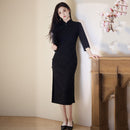 Black tonal floral three-quarter sleeve qipao dress