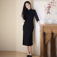 Black tonal floral three-quarter sleeve qipao dress