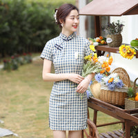 Elegant Checkered Short Cheongsam Dress - Classic Chinese Style