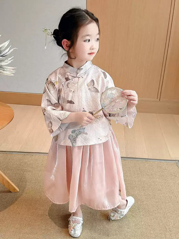 Girls' Cartoon Bird Print New Chinese Style Pink Set