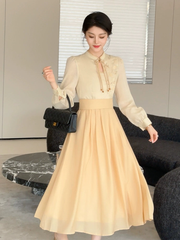 2024 Women Yellow New Chinese Style Dress