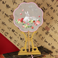 Double-Sided Embroidered Hand Fan With Rabbit And Strawberry Design For Hanfu Decoration