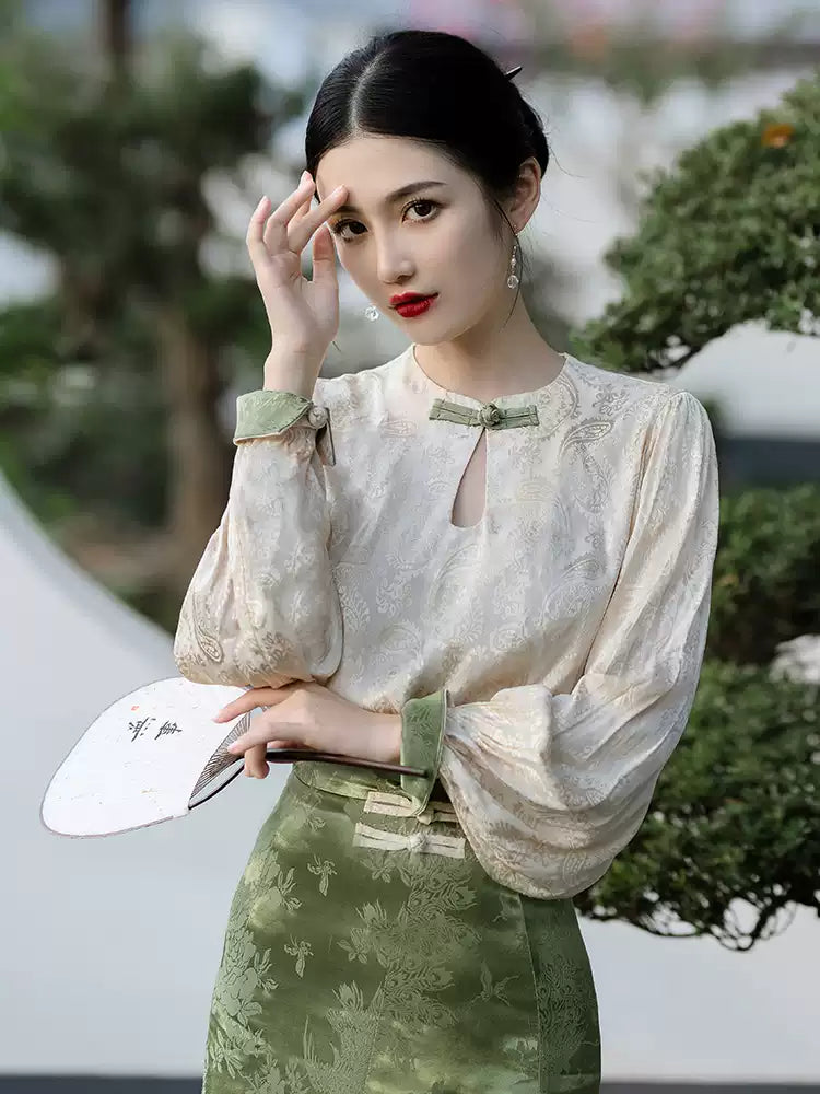 New Chinese Style Improved Long Sleeve Blouse Half-body Skirt Two Piece Set