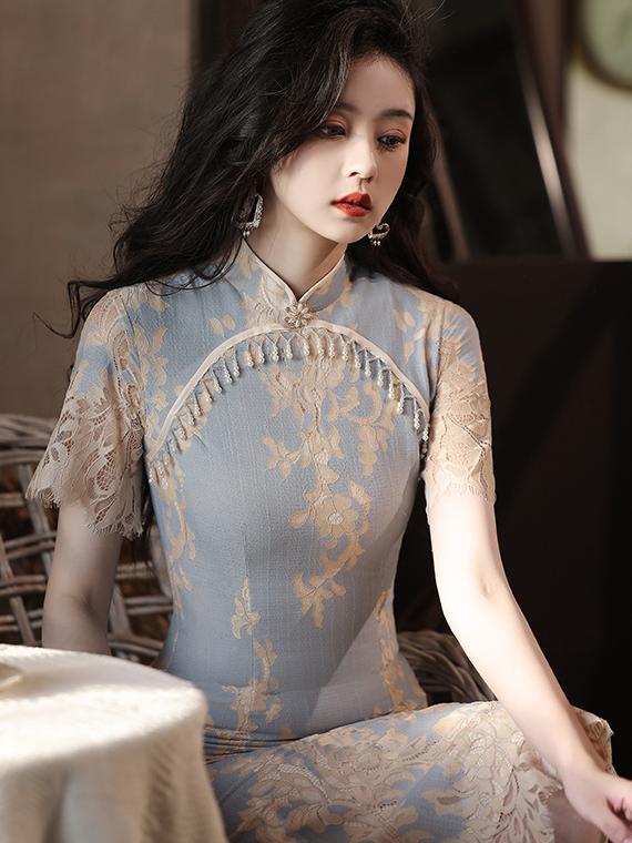 Lace Embroidered Cheongsam Dress for Elegant Occasions