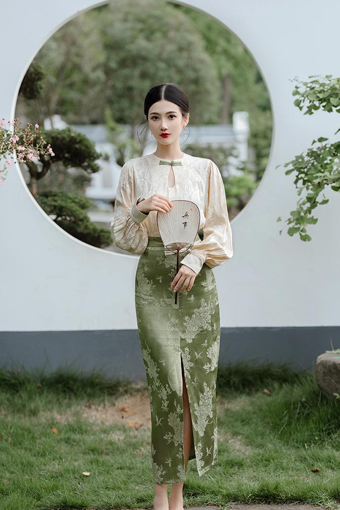 New Chinese Style Improved Long Sleeve Blouse Half-body Skirt Two Piece Set