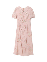 Pink Floral Embroidered Summer Dress with Puff Sleeves