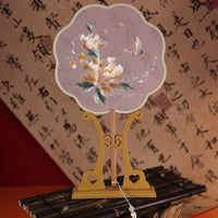 Double-Sided Embroidered Silk Fan With Golden Blossom Design