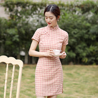 Elegant Checkered Short Cheongsam Dress - Classic Chinese Style