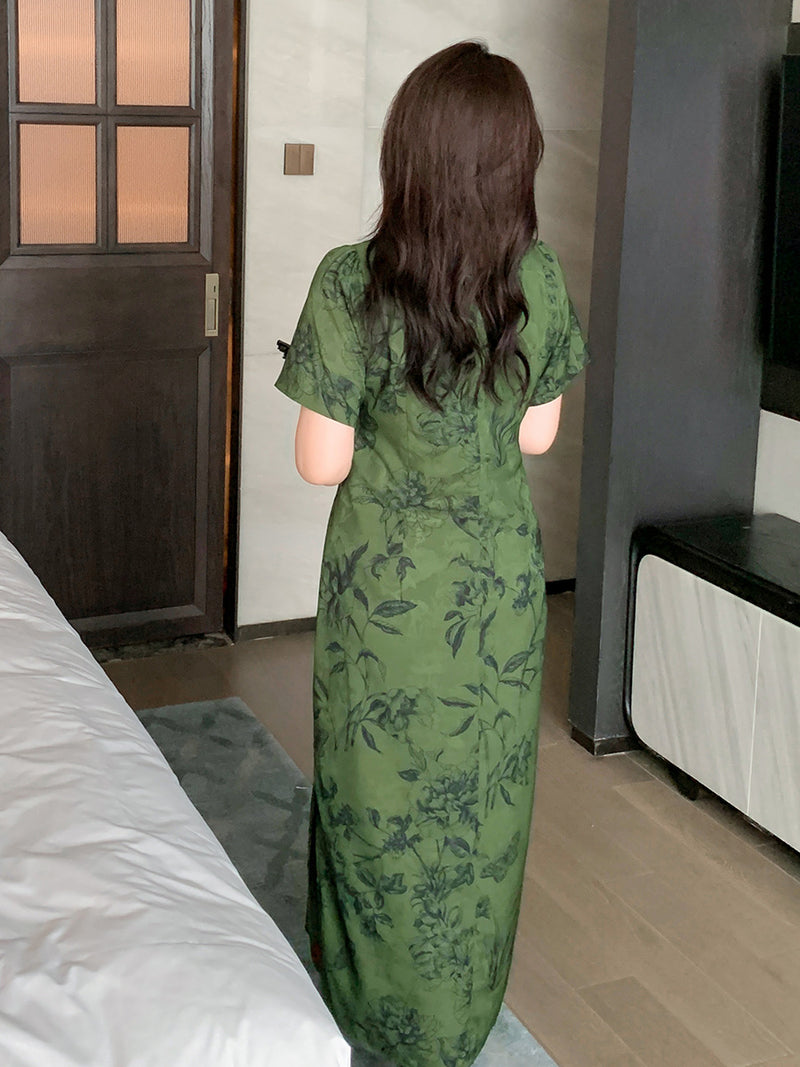 Vintage Green Floral Plus Size Cheongsam Dress Short Sleeve Traditional Style