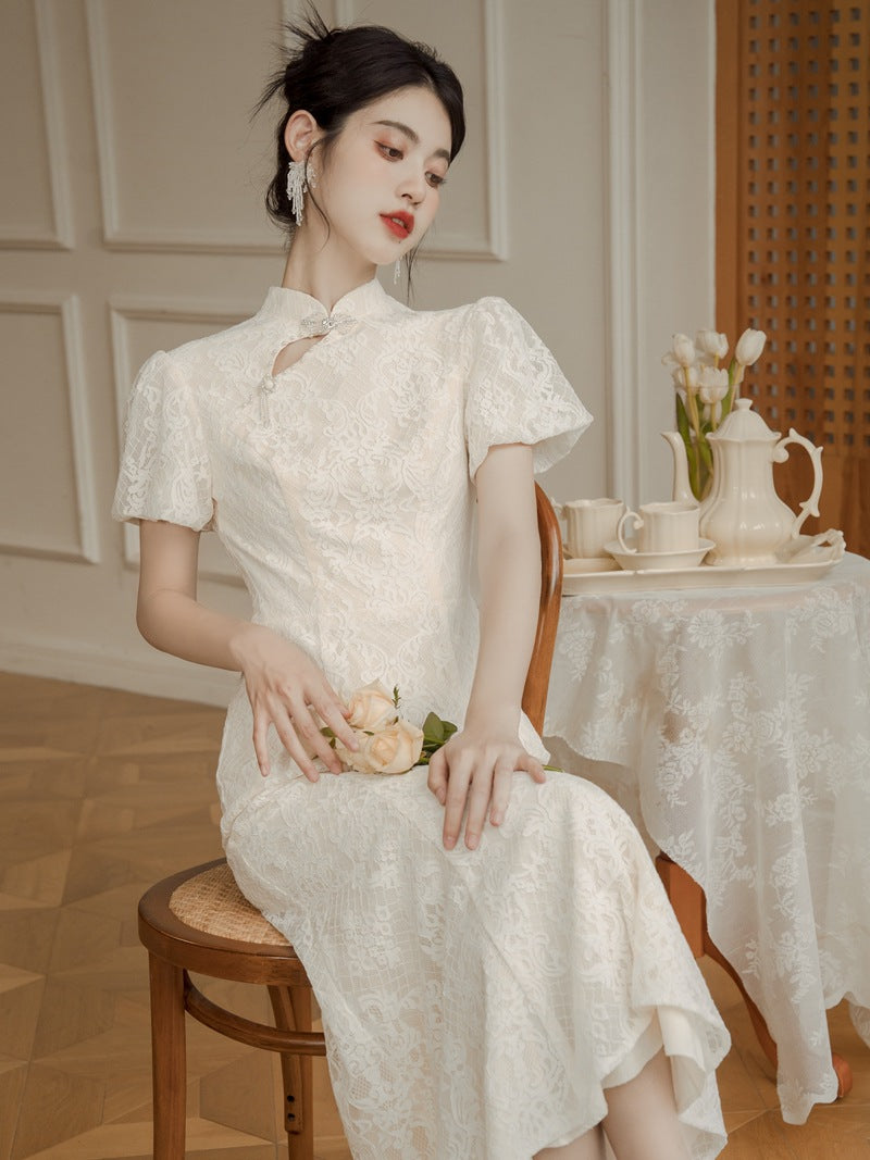 Elegant Lace Cheongsam Dress with Short Sleeves and Back Bow Design