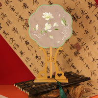 Double-Sided Embroidered Hand Fan With Green Magnolia Design For Hanfu Decoration