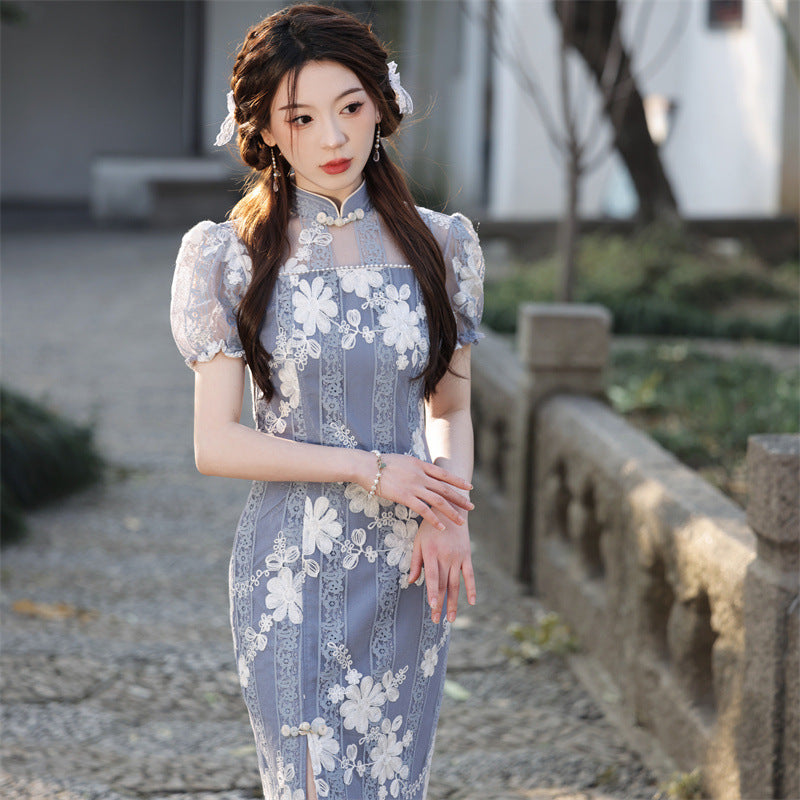 Vintage Lace Cheongsam Dress with Floral Embroidery and Puff Sleeves