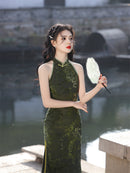 Elegant Green Floral Halter Dress - Chinese Style Evening Gown