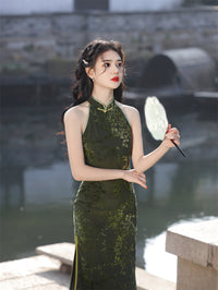 Elegant Green Floral Halter Dress - Chinese Style Evening Gown