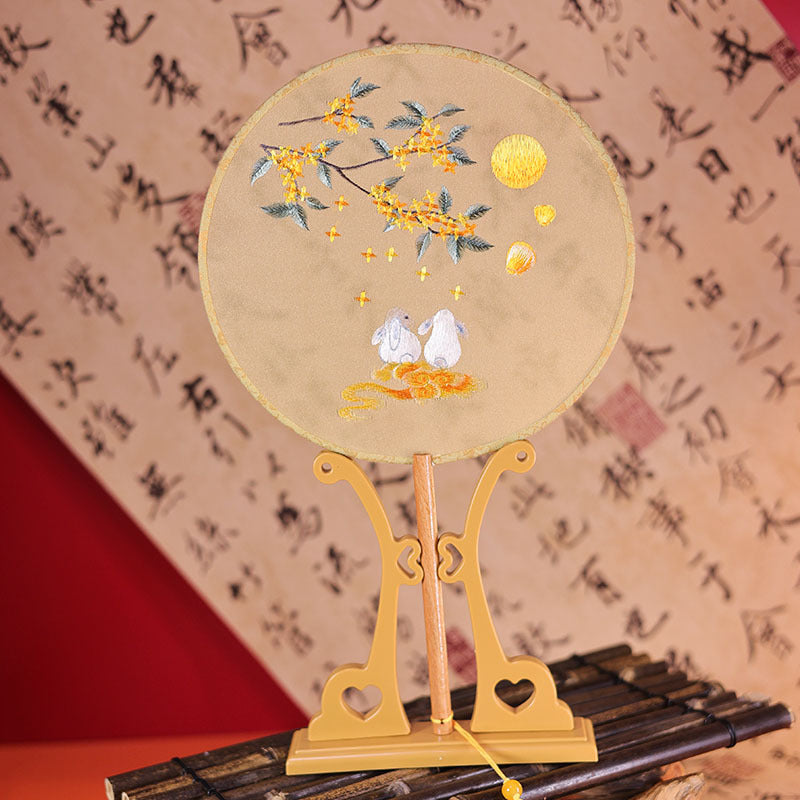 Double-Sided Embroidered Hand Fan With Rabbit And Golden Osmanthus Design For Hanfu Decoration