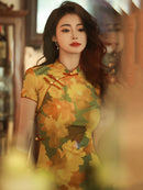 Vintage Floral Cheongsam Dress with Autumn Leaf Print and Slim Fit