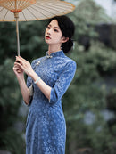 Blue Autumn-Winter Vintage Long-Sleeved Cheongsam Dress