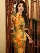 Vintage Floral Cheongsam Dress with Autumn Leaf Print and Slim Fit