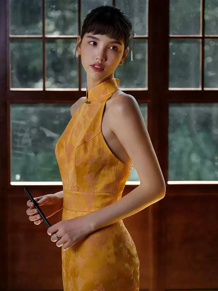女式无袖黄色旗袍连衣裙