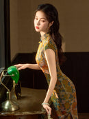 Caramel Brown Orange Floral Jacquard Sleeveless Qipao Maxi Dress