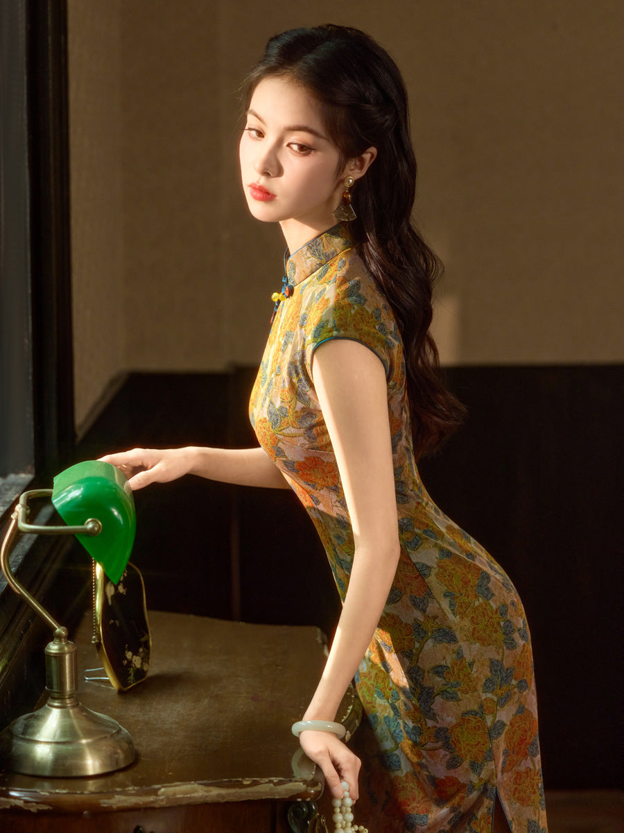 Caramel Brown Orange Floral Jacquard Sleeveless Qipao Maxi Dress