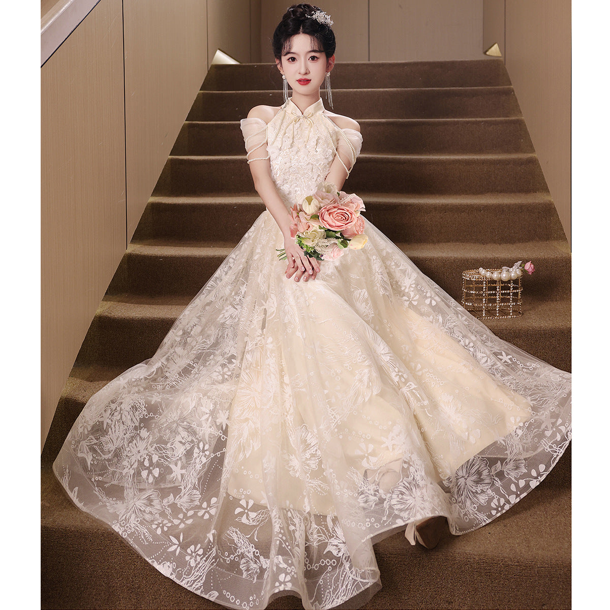 Vintage Lace Off-Shoulder Flower Girl Dress Elegant Gown