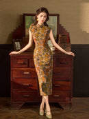 Caramel Brown Orange Floral Jacquard Sleeveless Qipao Maxi Dress