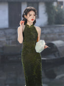 Elegant Green Floral Halter Dress - Chinese Style Evening Gown