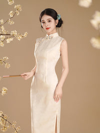 Elegant Milky White Sleeveless Qipao | Slim-fit Low Slit Mandarin Collar Summer Dress