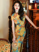 Vintage Floral Cheongsam Dress with Autumn Leaf Print and Slim Fit