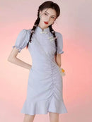 Elegant Chinese-Inspired Short-Sleeve Dress with Floral Accents for Women