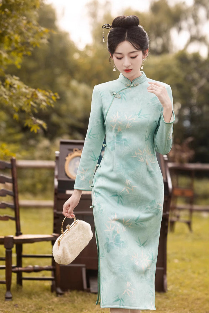 Jacquard Bamboo Long Sleeve Winter Qipao | Elegant Daily Wear