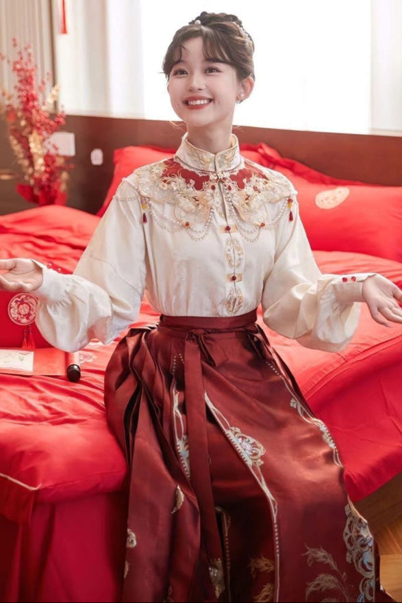 Spring Modern Chinese Bridal Dress | Embroidered Mandarin Top & Mamianqun Set