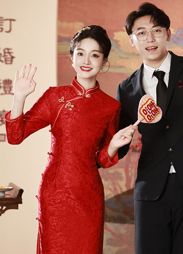 Spring Red Jacquard Long Cheongsam | Classic Chinese Wedding Tea Ceremony Dress